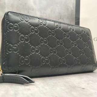 グッチ(Gucci)の極美品✨GUCCI シマ 長財布 ラウンドファスナー GGロゴ レザー ブラック(財布)