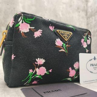 PRADA - 美品✨PRADA トライアングル 花柄 ポーチ バニティ 三角ロゴ キャンバス黒