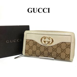 Gucci - グッチ  インターロッキング　レザー×GGキャンバス　ラウンドファスナー　長財布