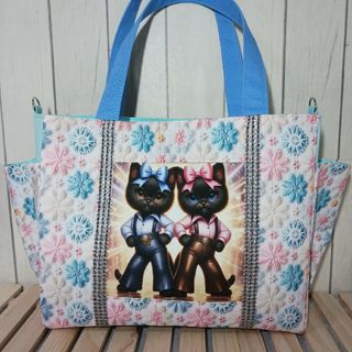 トートバッグ　ハンドメイド　キャット　猫　花　フラワー(バッグ)