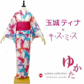 浴衣 レディース　玉城ティナ×キスミス 単品 [ 白地・ピンク蝶／リボン ](浴衣)