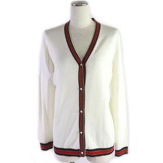 極美品▼GUCCI グッチ 18AW 411610 インターロッキングG パールボタン ライン入りデザイン カーディガン ホワイト M イタリア製 正規品 レディース