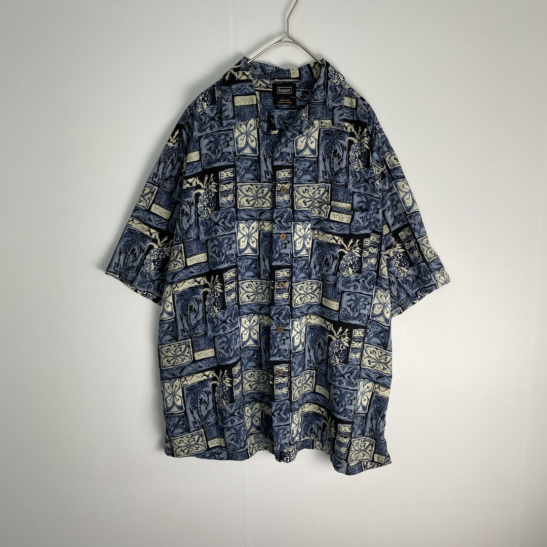 半袖シャツ　アロハシャツ　シルク100％　総柄　青　黒　ベージュ メンズのトップス(シャツ)の商品写真