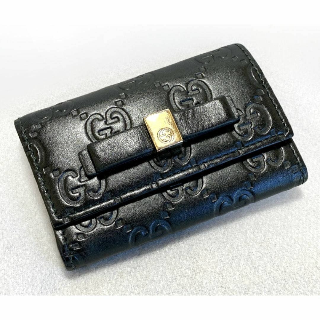 GUCCI - 【レア】GUCCI　グッチ　キーケース　グッチシマ　6連　黒　革　リボン　GG