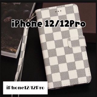 チェック柄 手帳型 iPhoneケース iPhone12/12Pro ホワイト(iPhoneケース)