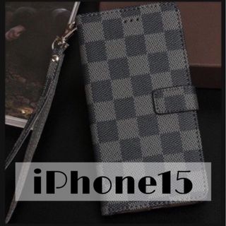 チェック柄 手帳型 iPhoneケース iPhone15 ブラック(iPhoneケース)