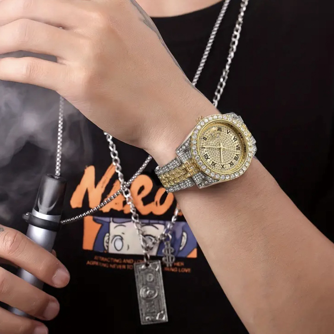 新品 ゴージャスアイスアウトウォッチ メンズ腕時計 ジルコニア コンビゴールドF メンズの時計(腕時計(アナログ))の商品写真