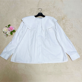 ビッグカラー　長袖シャツ　セーラーカラー　二重襟　フリルブラウス　体型カバー　白(シャツ/ブラウス(長袖/七分))