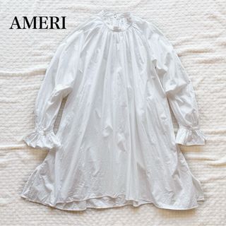 Ameri VINTAGE - アメリ　ギャザー　チュニック　ブラウス　長袖　ホワイト　シャツ　スタンドカラー