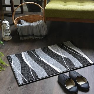 【色: ウェーブ ブラック】ＲＵＧＳ‐ＦＡＣＴＯＲＹ 玄関マット 室内 ズレにく(ラグ)