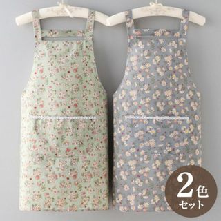 #349 レディース花柄エプロン2色セット グレー グリーン おしゃれ 可愛い(収納/キッチン雑貨)