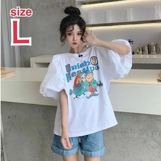 【残りわずか】バルーン袖 プリント Tシャツ L 半袖 デザイン トップス (Tシャツ(半袖/袖なし))