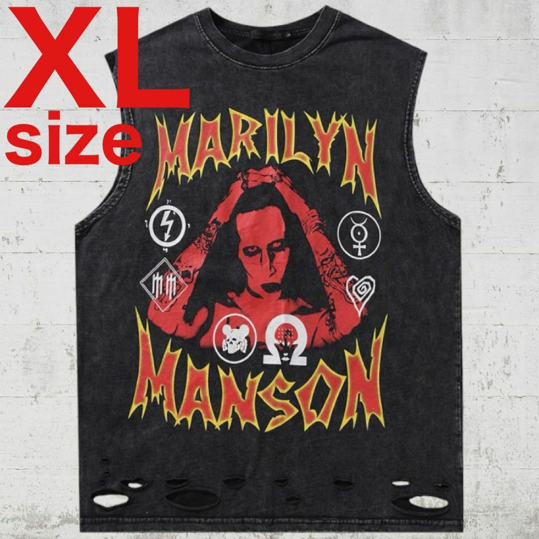 MARILYN MANSON　ダメージ　ノースリーブ　Tシャツ　ブラック　XL メンズのトップス(Tシャツ/カットソー(半袖/袖なし))の商品写真