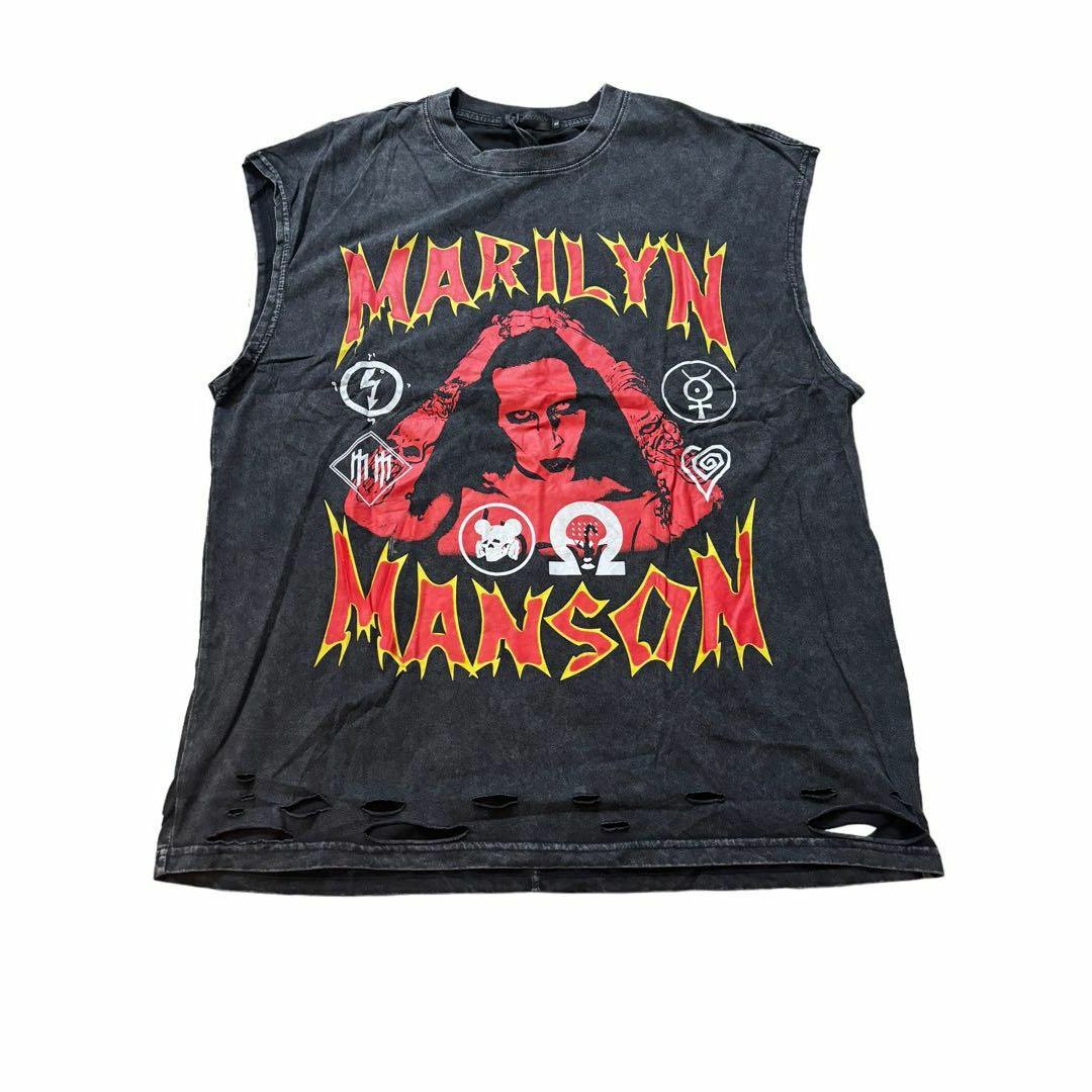 MARILYN MANSON　ダメージ　ノースリーブ　Tシャツ　ブラック　XL メンズのトップス(Tシャツ/カットソー(半袖/袖なし))の商品写真