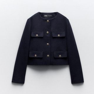 ザラ(ZARA)の【美品】フラップクロップドジャケット/ネイビー/XS(テーラードジャケット)