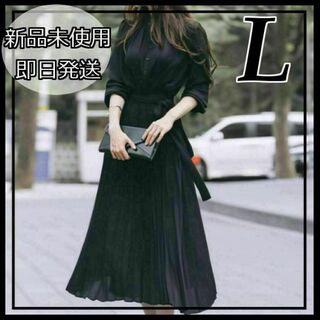 入学式 新品 プリーツ シャツ ワンピース レディース ブラック 黒 フォーマル(ロングドレス)