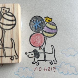 スタンプ　No. 6819風船と犬と小鳥(はんこ)