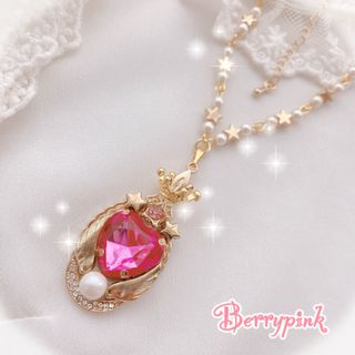 Berrypink♡ピンクハートビジューと天使の羽のネックレス♡(ネックレス)