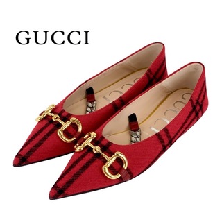 グッチ(Gucci)のグッチ GUCCI パンプス 靴 シューズ ウール レッド 未使用 フラットパンプス フラットシューズ チェック ホースビット チェーン(ハイヒール/パンプス)