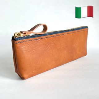 本革 イタリアンレザー ペンケース キャメルブラウン×ネイビー