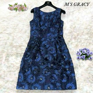 M'S GRACY - 美品♡エムズグレイシー　ワンピース　フラワー 刺繍　スパンコール　花柄　紺　M