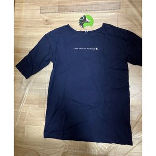 Ｔシャツ　ネコとコトリ　紺色　Ｍサイズ(Tシャツ(長袖/七分))