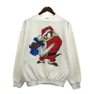 90年代 USA製 TULTEX タズマニアンデビル クリスマス スウェット キャラクター ホワイト (メンズ X-LARGE) 中古 古着 Q4982(スウェット)