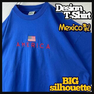 メキシコ製 星条旗 Tシャツ 刺繍ロゴ America 青 オーバーサイズ 古着(Tシャツ/カットソー(半袖/袖なし))