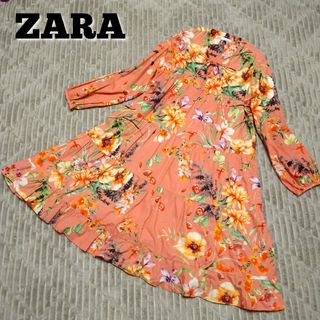 ザラ(ZARA)の【美品】ZARA　ザラ　ワンピース　フレア　リボン　ボタニカル　エレガント(ひざ丈ワンピース)