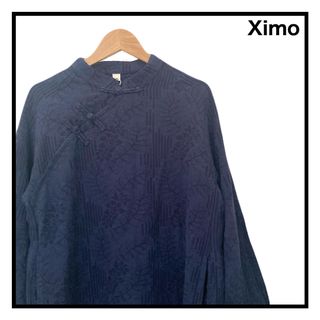 Ximo　リネン混チャイナデザインロングワンピース　ワンドメイド　長袖　ネイビー(ロングワンピース/マキシワンピース)