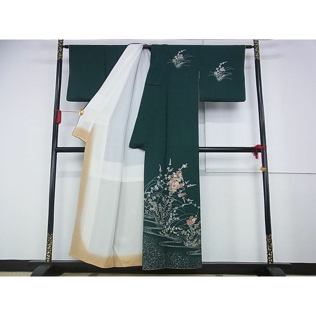 平和屋-こころ店■訪問着　刺繍　流水花文　たたき染め　金銀彩　正絹　逸品　AAAD8134Atn レディースの水着/浴衣(着物)の商品写真