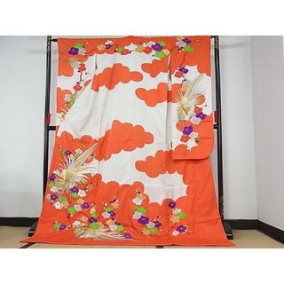 平和屋-こころ店■お引きずり・お引き摺り・引き振袖　掛下　刺繍　尾長鳥に枝梅　金銀糸　洗える着物　AAAD7159Acs(振袖)