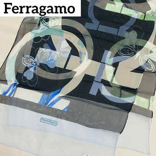 Salvatore Ferragamo - 美品 ★Ferragamo★ ストール シフォン ロゴ 蝶 シルク ネイビー