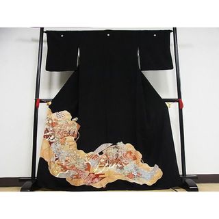 平和屋-こころ店■豪華黒留袖　駒刺繍　松竹梅御所車飛鶴文　金彩　正絹　逸品　AAAD3155Bph(着物)