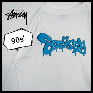 【STUSSY】90s'紺タグ USA製　ドロップペイントアート　長袖　ロンT