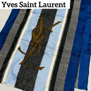 イヴサンローラン(Yves Saint Laurent)の★イヴサンローラン★ ストール ストライプ YSLロゴ シルク ネイビー(ストール/パシュミナ)