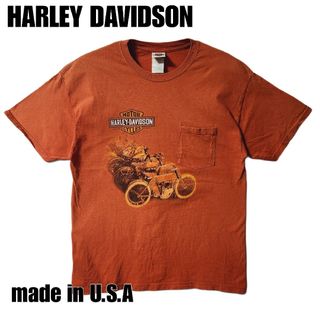 ハーレーダビッドソン(Harley Davidson)のハーレーダビッドソン　ポケットTシャツ　両面デザイン　オレンジ　USA製　L(Tシャツ/カットソー(半袖/袖なし))