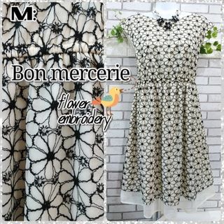 Bon mercerie - M：美品★シフォン ワンピース／ボンメルスリー★フラワー刺繍・オフホワイト