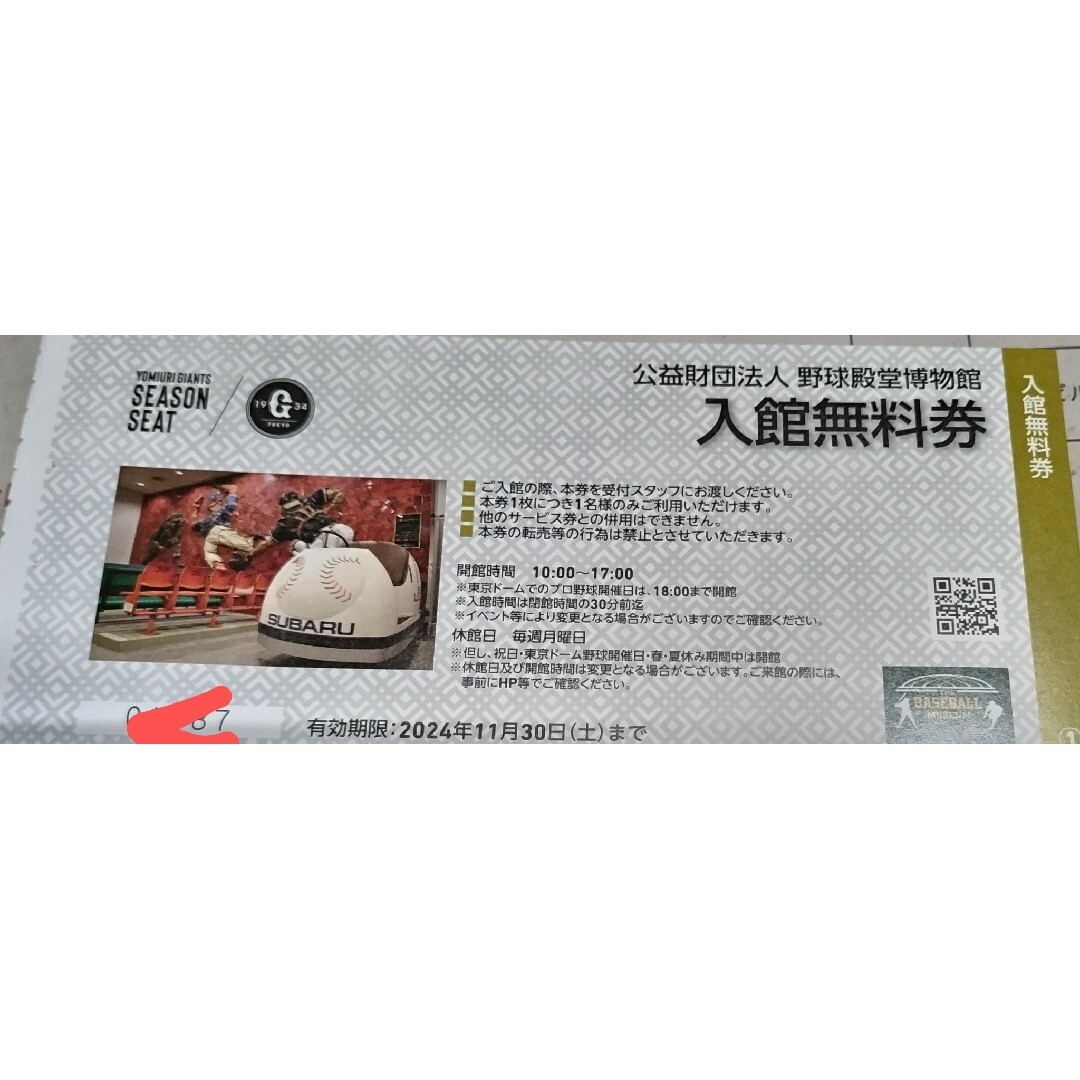 (10枚分) 東京ドームシティ野球殿堂博物館 入館無料券 チケットの施設利用券(美術館/博物館)の商品写真