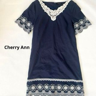 チェリーアン(cherry Ann)の【チェリーアン】半袖 刺繍 ワンピース ネイビー ひざ丈(ひざ丈ワンピース)