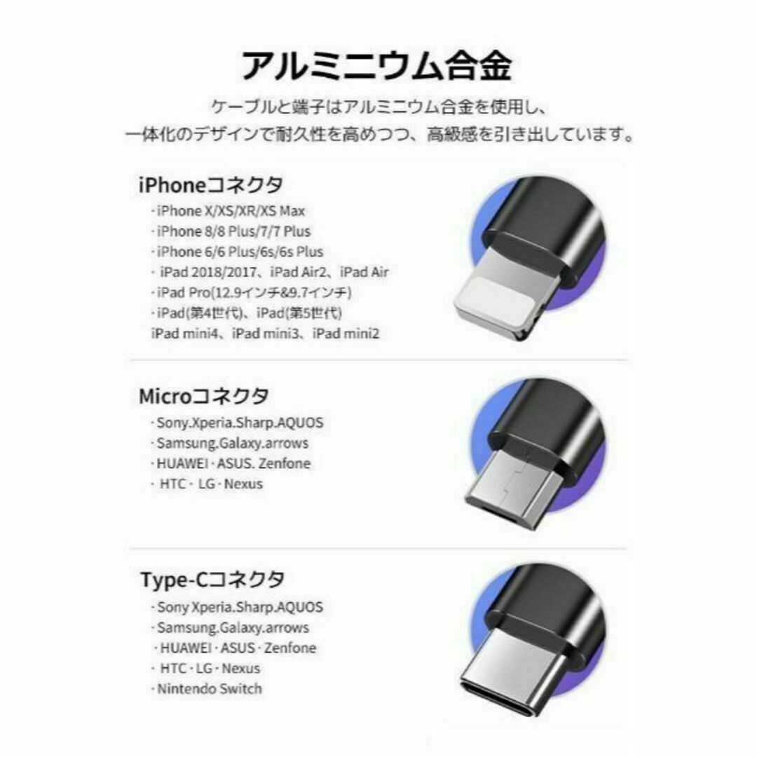 ３個セット iPhone充電ケーブル ライトニングケーブル タイプc マイクロ スマホ/家電/カメラのスマホアクセサリー(その他)の商品写真