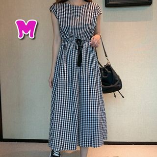 チェック柄 M ロングワンピース ワンピース ノースリーブ 春夏 体型カバー(ロングワンピース/マキシワンピース)