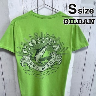 ギルタン(GILDAN)のUSA古着　GILDAN　Tシャツ　黄緑　ライトグリーン　フィッシュ　アニマル柄(Tシャツ/カットソー(半袖/袖なし))