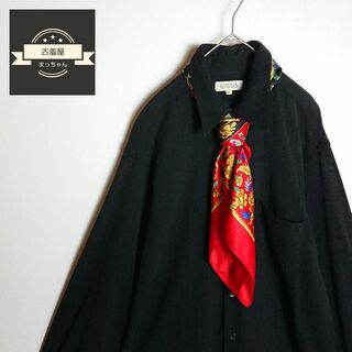 【長袖ネクタイシャツ】スカーフ コーデ セット 無地 テロ感 黒 赤 Lサイズ(シャツ)