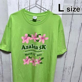 USA古着　Tシャツ　L　ライトグリーン　黄緑　プリント　ハイビスカス　花柄(Tシャツ/カットソー(半袖/袖なし))