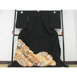 平和屋-こころ店■豪華黒留袖　扇面重ね渡橋吉祥花文　金彩　仮絵羽　正絹　逸品　未使用　AAAD6996Bwt(着物)