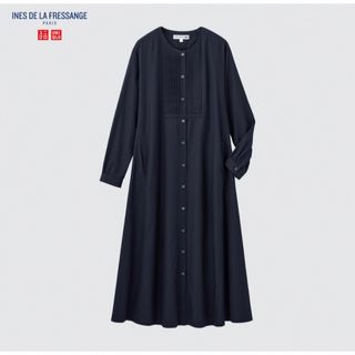 ユニクロ(UNIQLO)のユニクロ×イネス★コットンピンタックロングワンピース　ネイビー　XS(ロングワンピース/マキシワンピース)