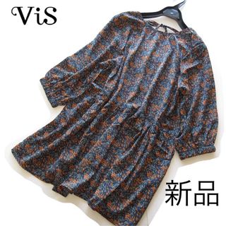 新品VIS/ビス 花柄七分袖フレアチュニックブラウス/NV