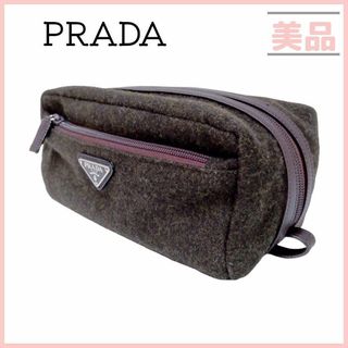 プラダ(PRADA)のプラダ ウール ポーチ マルチケース ブラウン ダークグリーン フェルト素材(ポーチ)