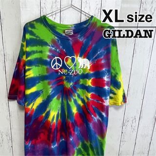 ギルタン(GILDAN)のUSA古着　GILDAN　Tシャツ　タイダイ柄　プリント　クマ　アニマル　ロゴ(Tシャツ/カットソー(半袖/袖なし))